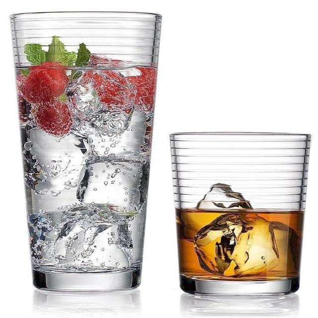 Glaver's Drinking Glasses 16 Piece Set, 8-17 Oz. Highball Glasses, 8-13 Oz. Whiskey Rocks, Ideal for Water, Juice, Cocktails, and Iced Tea. Dishwasher safe