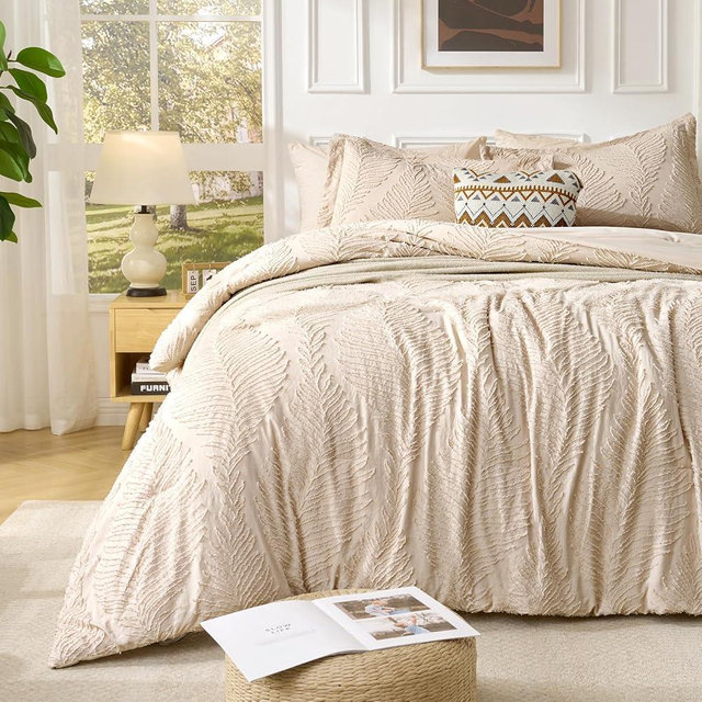 Jameswish 7 Pieces Tufted Boho Comforter Set Leaves Floral Khaki Farmhouse Shabby Chic Embroidered Bedding for All Seasons Queen Size with Comforter Sheets Pillowcases Shams