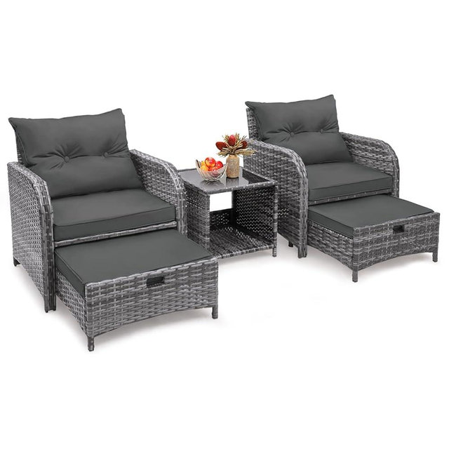 FYRICKYLINOO 5 Pieces Wicker Outdoor Patio Chairs Set with Ottoman, Patio Conversation Furniture Set with Ottoman Underneath Balcony Furniture Set with Ottoman, Grey