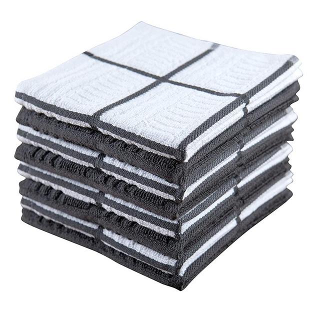 Sticky Toffee Cotton Terry Kitchen Dishcloth, 8 Pack, 12 in x 12 in, Gray Check