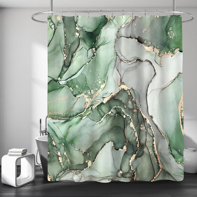 BayNook Sage Green Marble Shower Curtain, Modern Abstract Fabric Shower Curtains for Bathroom, Luxury Art Decor Ink Texture Watercolor Shower Curtain Set with Hooks 72x72