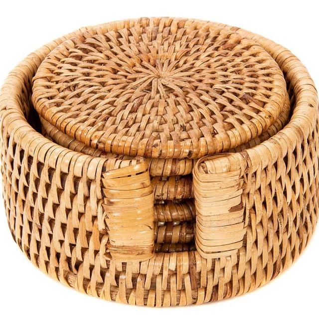 Tava Rattan Round Coasters with Holder - Honey