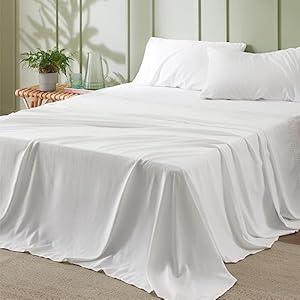 Bedsure Full Size Sheets, Cooling Sheets Full, Rayon Derived from Bamboo, Deep Pocket Up to 16", Breathable & Soft Bed Sheets, Hotel Luxury Silky Bedding Sheets & Pillowcases, White