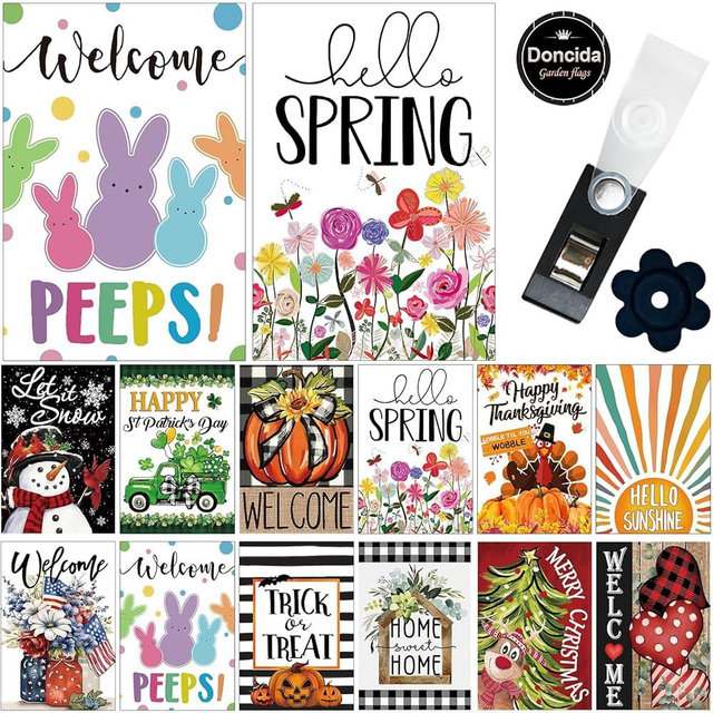 Doncida Seasonal Garden Flags Set of 12 Double Sided Double Stitching 12x18 Inch, Easter Spring Yard Flags for Outside Decor, Includes Free Anti-Wind Clip and Stopper