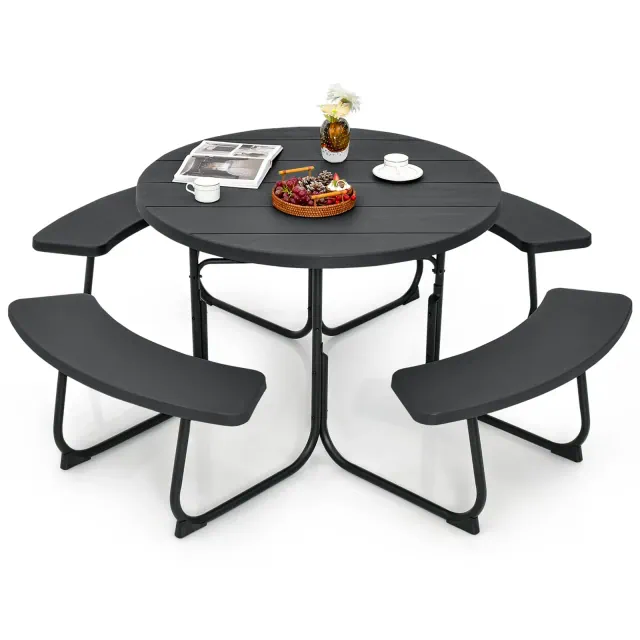Costway Outdoor 8-person Round Picnic Table Bench Set with 4 Benches & Umbrella Hole Black