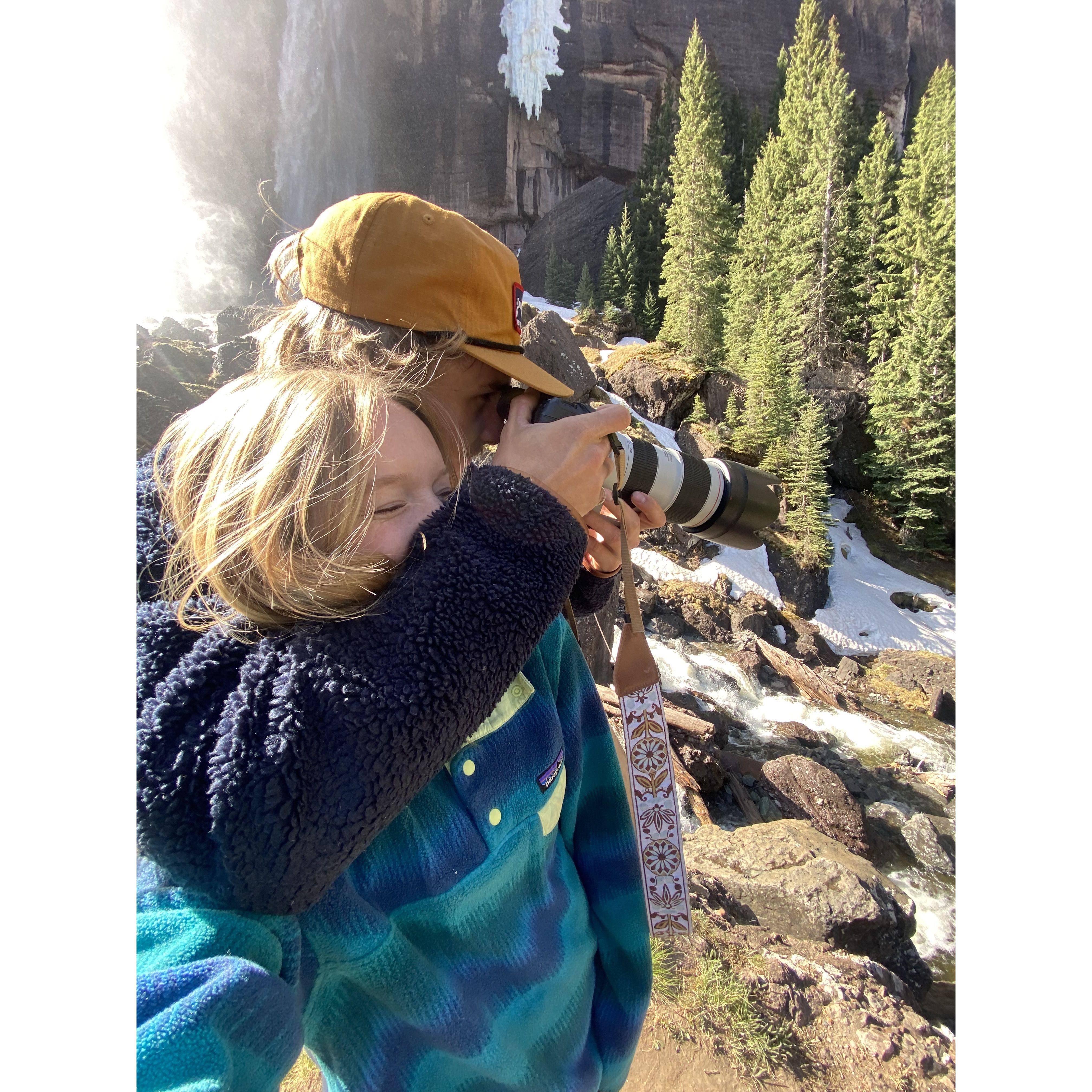 Taking photos at Bridal Veil Falls in Telluride.