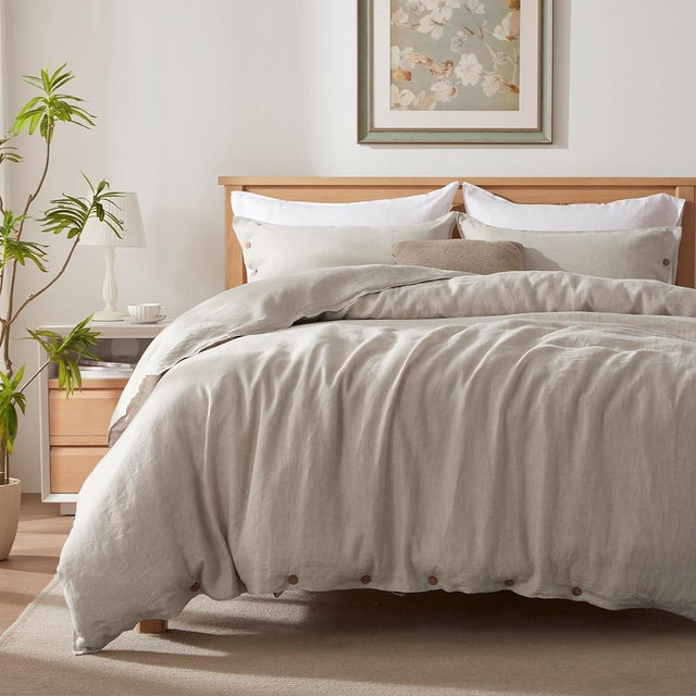 TOSMO 100% Linen Duvet Cover Set with Button Closure, 3 Pieces (1 Duvet Cover with 2 Pillowcases), Soft Breathable Durable Farmhouse Bedding - King, Natural Linen