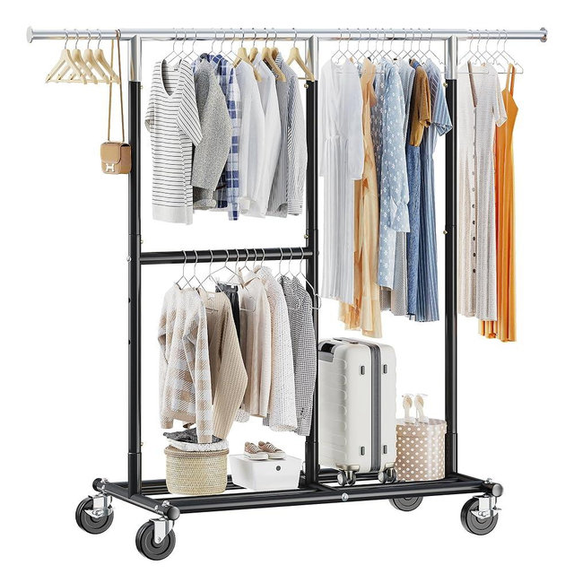 Raybee Clothes Rack Heavy Duty 405LBS Clothing Racks for Hanging Clothes 200+ Rolling Clothes Rack, Metal Clothing Rack with Wheels Rolling Commercial Garment Rack Portable Clothes Rack, Black