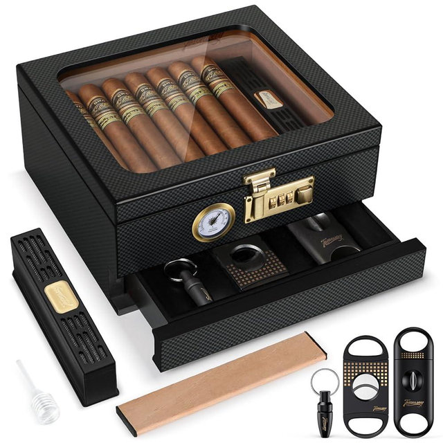 Tesonway Cigar Humidor, Cedar Wood Humidor Cigar Box, Glass Top Desktop Humidor with Front Hygrometer, Humidifier, Divider, Accessories Drawer and Combination Lock, Cigar Gifts for Men (Carbon Black)
