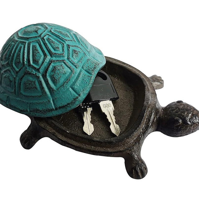 BSTGIFTS Cast Iron Turtle Key Hider - Spare Key Holder & Garden Decoration - Trinkets Box for Jewelry, Ear Studs, Ring & Paper Clips (Antique Blue)