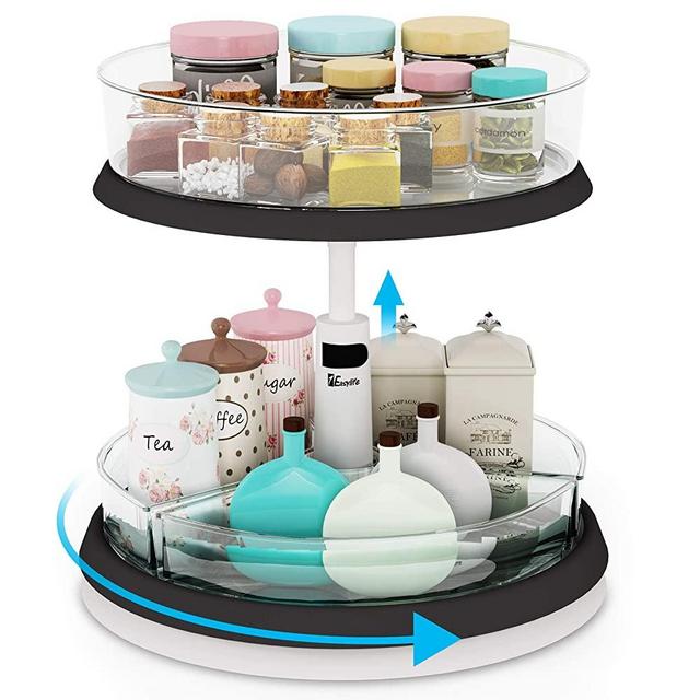 2-Tier Lazy Susan Turntable and Height Adjustable Cabinet Organizer with 1x Large Susan and 3 x Divided Susan, Removable, Clear