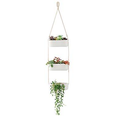 Mkono Ceramic Hanging Planter 3 Tier Indoor Wall Plant Holder for Succulent Herb Air Plant Live or Faux Plants Modern Vertical Garden, Rectangular