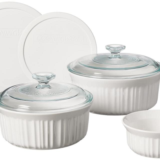 CorningWare French White 7 Piece Ceramic Bakeware Set | Microwave, Oven, Fridge, Freezer, and Dishwasher Safe | Resists Chipping and Cracking | Doesn't Absorb Food Odors and Stains