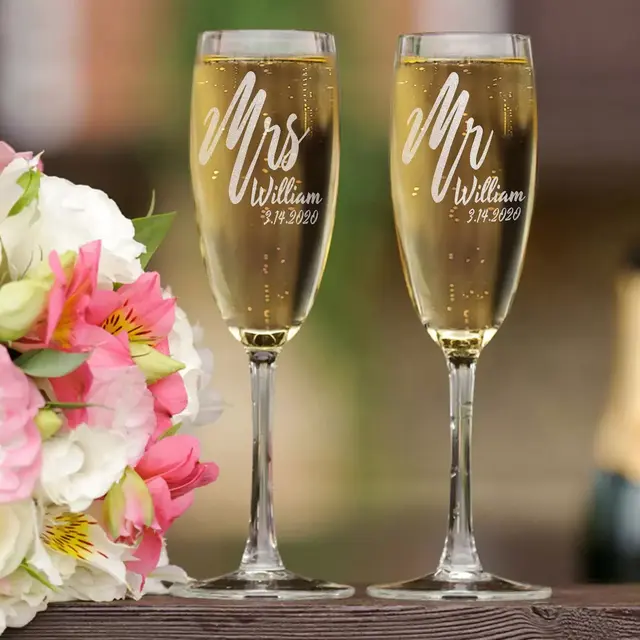 Newlyweds Mr. Mrs. Custom Engraved Engaged Wine Champagne Flutes
