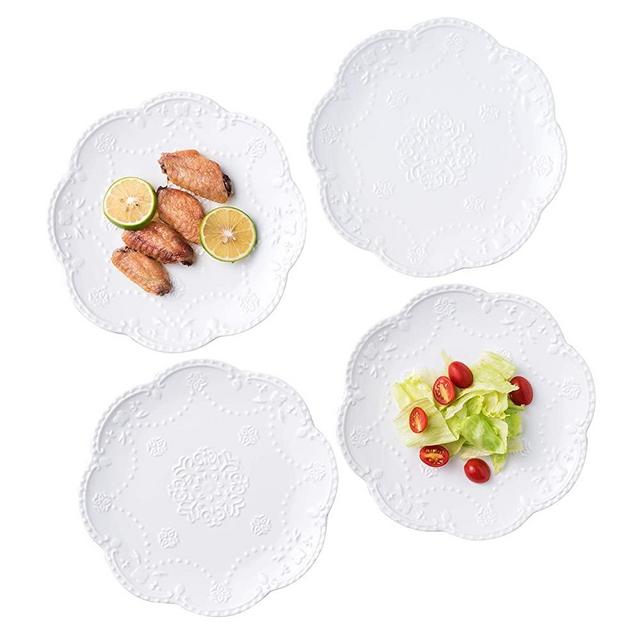 Jusalpha Embossed Lace Ceramic Plate-Dinner Plate Set, Pasta/Salad/Dessert Plate Dishwasher MicrowaveTableware Set for Restaurant Family Party Kitchen Use -4 Pieces, FD-PL15 (10 Inche, White)