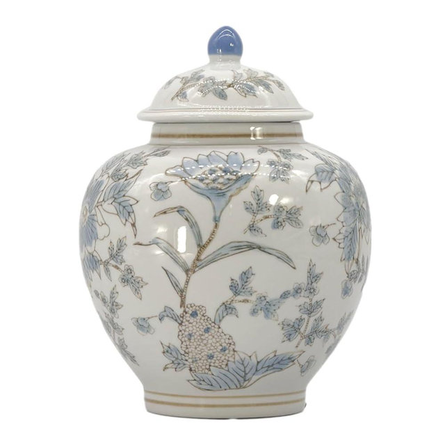 Galt International White & Light Blue Floral Chinoiserie Ginger Jar 10" with Lid - Ginger Jar, Tea Storage, Decorative, Home Decor Jar
