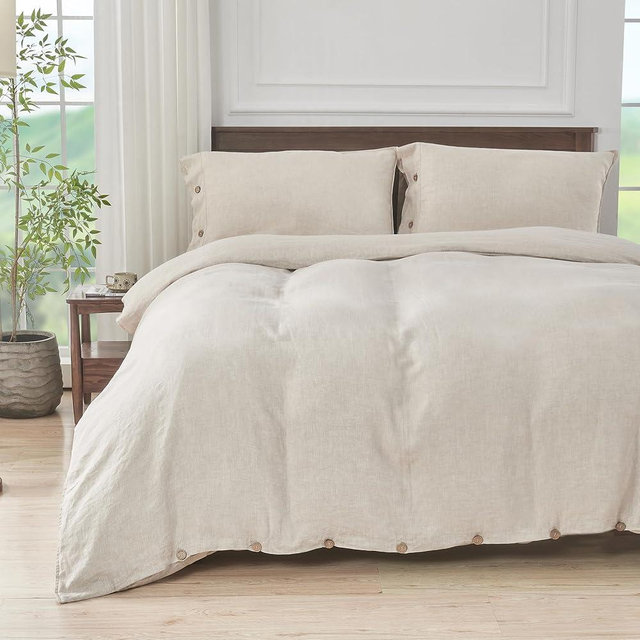 S VICTORY SYMBOL 100% Organic Linen Duvet Cover Set 3pcs Queen Size,Natural French Washed Flax Bedding (1 Duvet Cover and 2 Pillowcases) with Coconut Button Closure,Natural Linen