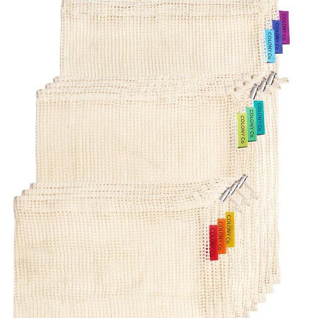Colony Co. Reusable Produce Bags | Natural Cotton Mesh is Biodegradable | Recyclable Packaging | Machine Washable | Tare Weight on Label | Set of 9 (3 Small - 3 Medium - 3 Large) | Zero Waste