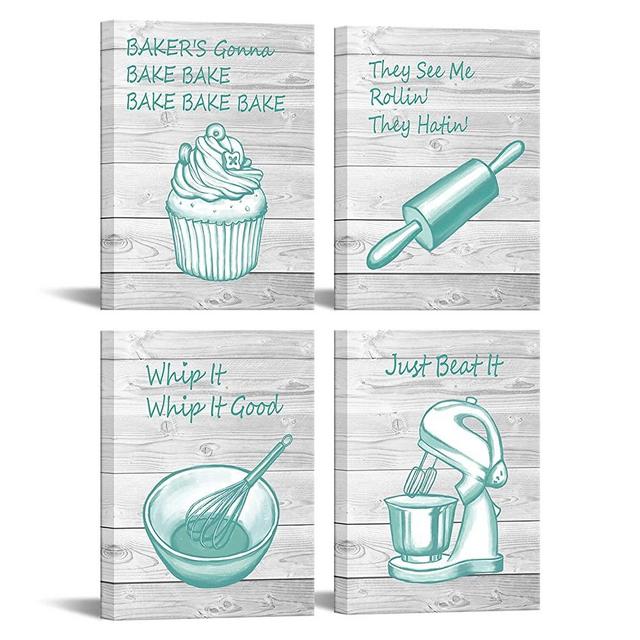 sechars 4 Piece Funny Kitchen Quote Wall Art Print Inspirational Signs Canvas Painting Teal and Grey Kitchen Canvas Poster Framed for Baking Room Restaurant Dinning Room Decor (Small-12"x16"x4pcs)