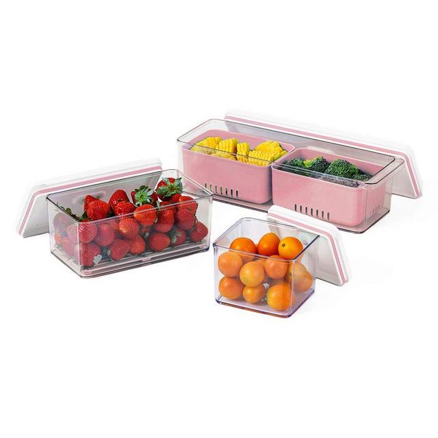Lille Home Stackable Produce Saver, Organizer Bins/Storage Containers with Removable Drain Tray, Set of 3, for Refrigerators, Cabinets, Countertops and Pantry, BPA Free (Pink)