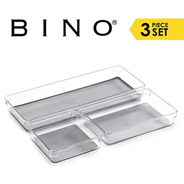 BINO 3-Tray Drawer Organizer Bin Pack - Clear, Large | Multi-Purpose Storage | Soft-Grip Lining and Non-Slip Rubber Feet | Durable | BPA-Free