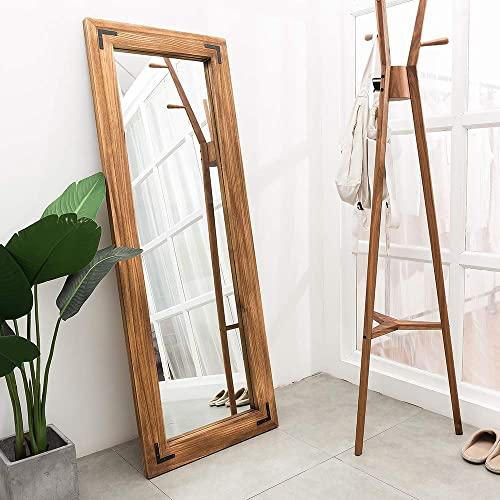 Rustic Wooden Framed Floor Mirror, Large Dressing Mirror for Bedroom, Leaning Against Wall/Wall-Mounted, Brown, 65”x24”