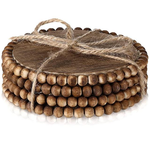 4 Pieces Wood Beaded Coasters 3.9 Inch Round Rustic Farmhouse Coasters Wooden Coasters for Drinks Decorative Table Top Coasters Wood Bar Coaster Set for Housewarming Home Kitchen (Dark Brown)
