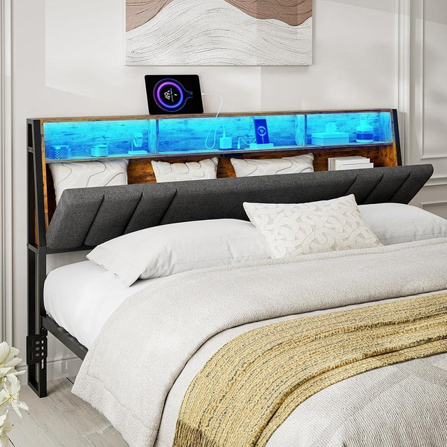 IKIFLY Hidden Storage Headboard King Size with Charging Station, Ergonomic Upholstered King Headboard Only with LED Lights, 2 Outlets & 2 USB Ports, Attach Frame, Easy Assembly, Dark Grey