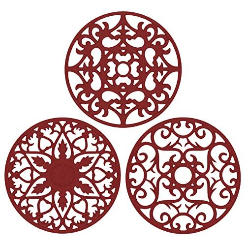 ME.FAN 3 Set Silicone Multi-Use Intricately Carved Trivet Mat - Insulated Flexible Durable Non Slip Coasters (Wine Red)