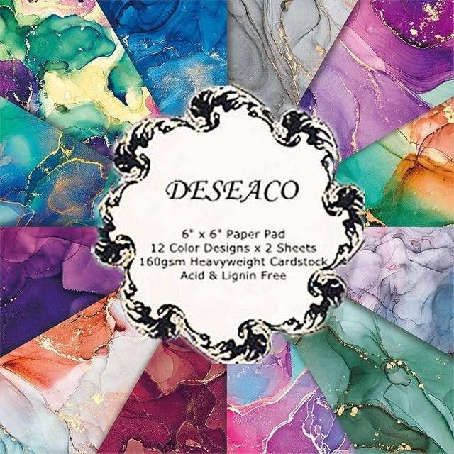 DESEACO Marbled Scrapbook Paper Pad 6x6, Watercolored Single-Sided Decopodge Paper,Colorful Cardstock Paper Scrapbooking DIY Decorative Background Cardmaking Supplies, Junk Journal Craft Paper-24Pcs