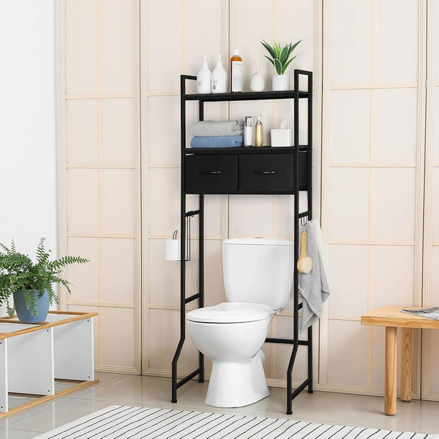 ETELI Over The Toilet Storage Bathroom Cabinet 3 Tier Freestanding Over Toilet Storage Cabinet Shelf Space Saving Behind Above Toilet Bathroom Organizer with Fabric Drawers, Black