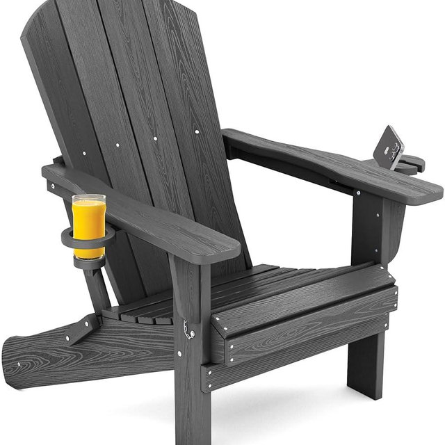 SERWALL Foldable Adirondack Chair, HDPE Adirondack Chair with Wood-Texture-Gray