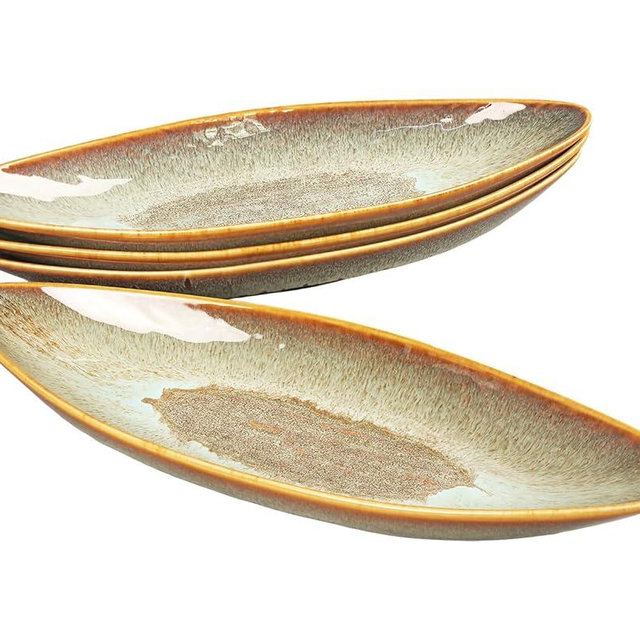 jinsongdafa Serving Platter Olives Plate Large Tray Set of 4, For Entertaining Porcelain Trays, Salad, Appetizer, Pasta,Microwave, ovens dishwashers Safe,Brown reactive glaze 15.4 Inch