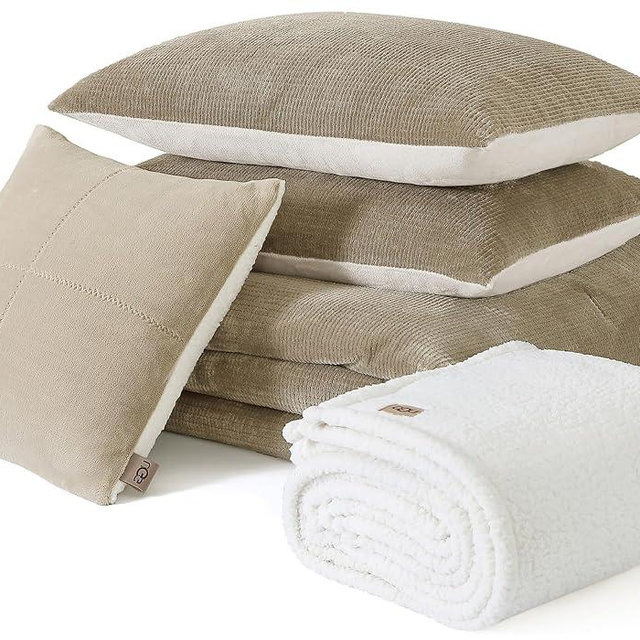UGG 32535 Remina Full-Queen 5-Piece Comforter Set Luxurious Comforter and Two Shams with 18 x 18-inch Decorative Throw Pillow and 50 x 60-inch Throw Blanket, Full/Queen, Birch