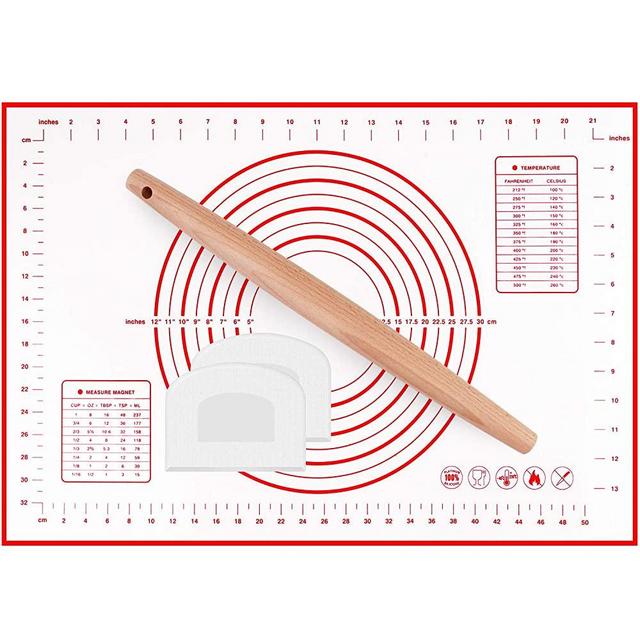 Baking Mat for Rolling Out Dough, DIGIROOT Thickening Food Grade Silicone Pastry Mat with Wooden Rolling Pin & Dough Scrapers, Measurement Fondant Mat, Dough Rolling Mat, Pie Mat(16"x24"x0.6mm(THK))
