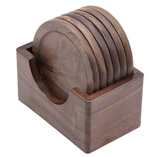 Wood Drink Coasters, GOH DODD 7 Pieces Coasters Set with Holder, 100% Natural and Organic Dinner Decor Centerpiece for Home Office Table, Walnut