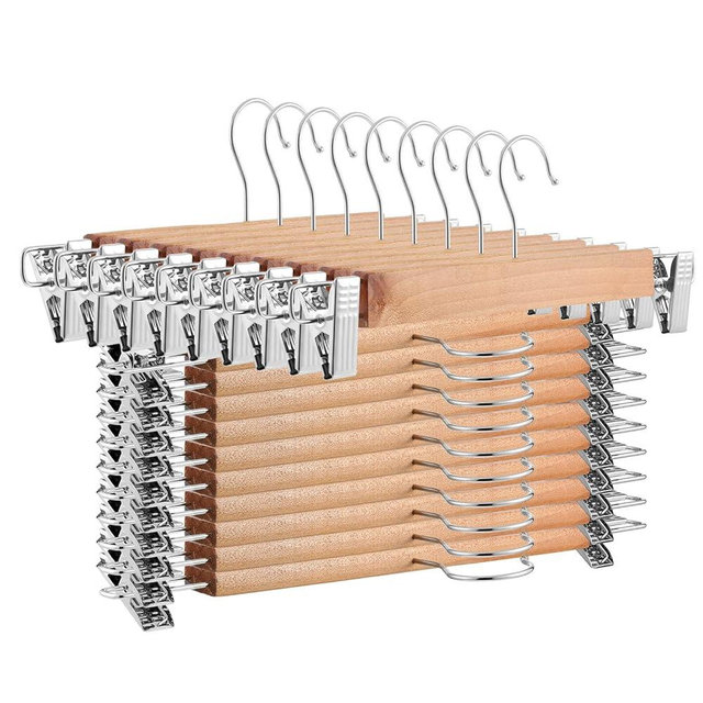 Weysat 40 Pcs Wooden Pants Hangers Bottom Bulk with 2 Adjustable Clips Anti Rust Hook 360 Swivel Hook Bottom Jeans Hangers for Women Men Jeans Trousers Shorts Skirt