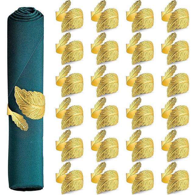 Gold Napkin Rings Set of 24, Metal Leaf Napkin Rings Cloth Napkin Holder for Weddings, Valentines day, Holiday, Receptions, Dinner Party, Banquet, Buffet Table Decor