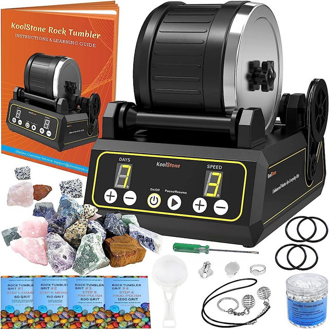 Large 2.5LB Professional Rock Tumbler Kit, 3-Speed Motor & 9-Day Timer, Rubber Barrel, Quiet Rotary Stone Polisher with 5 Belts, Rough Gemstones, 4 Polishing Grits, for Adults Kids