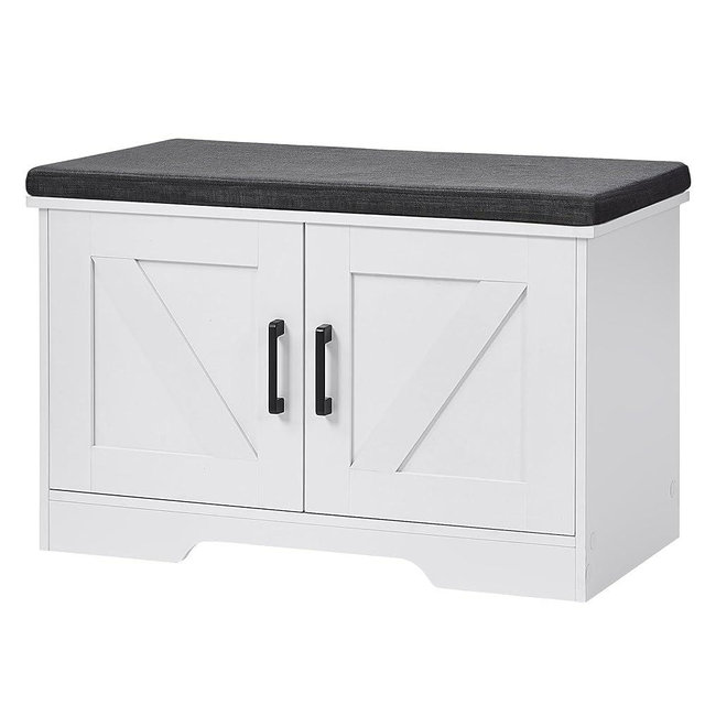 HOMSHO 2-Tier Storage Bench,Shoe Bench with Padded Seat Cushion, Entryway Bench with 2 Barn Doors,Adjustable Shelf, 27.6" L x 13.8" W x 17.7" H, for Entryway, Living Room, Bedroom,White