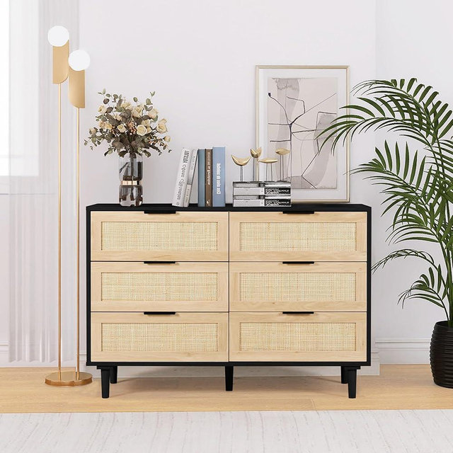 FUQARHY Rattan Dresser for Bedroom, Modern 6 Drawer Double Dresser with Gold Handles, Wood Storage Chest of Drawers for Bedroom,Living Room,Hallway (Black)