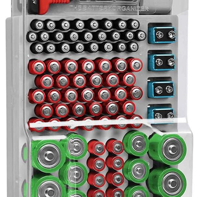 THE BATTERY ORGANIZER Hinged Clear Cover with Locking Lid, Holds 93 Batteries of Various Sizes, Includes Removable Battery Tester and Holder for Garage Organization, Gray