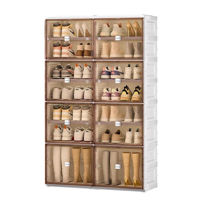 BINSIO Shoe Storage Cabinet 7 Tiers for 28 Pairs, Collapsible Shoe Racks Organizer, Easy Assemble Foldable Shoe Boxes, One Piece Portable White Plastic Shoe Cubby for Closet, Entryway, Bedroom