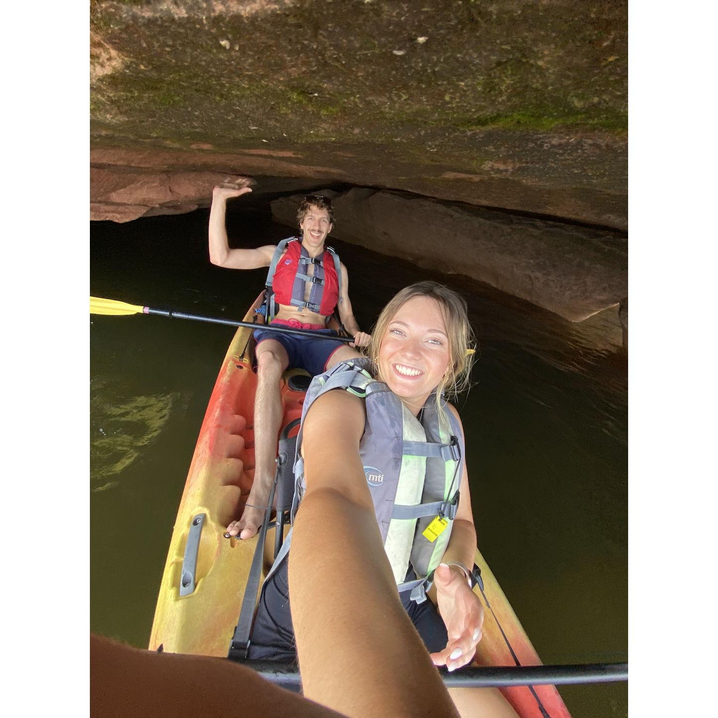 Going in the naturally-formed sea caves along Lake Superior!