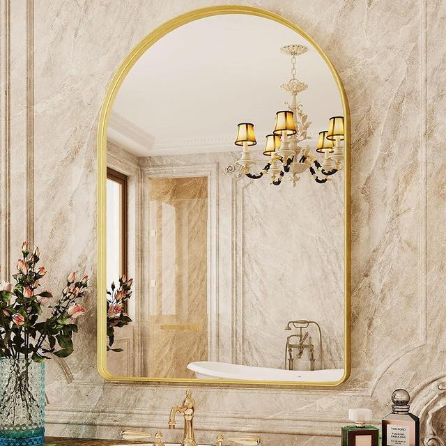 Suidia Bathroom Mirror, 26×38 Inch Wall Mirror for Bathroom Arched Mirrors Brushed Metal Frame Gold Bathroom Mirror for Living Room Bedroom Entryway, Horizontal/Vertical