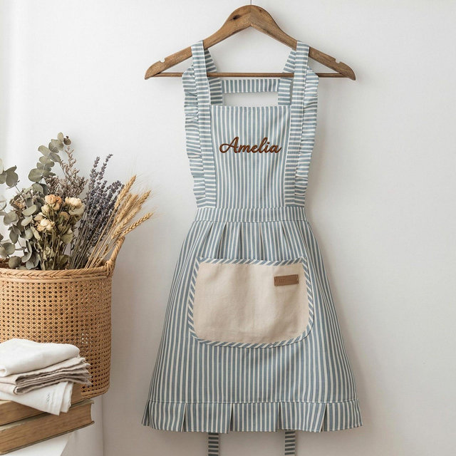 Personalized Striped Apron with Pockets, Embroidered Baking Kitchenwear