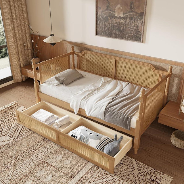 Traditional Style Rattan Daybed Twin Size, Wood Daybed with 2 Drawers, Twin Daybed for Living Room Small Space Guestroom Bedroom, No Box Spring Needed, Antique Walnut