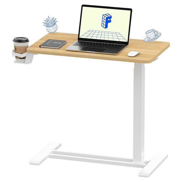 FLEXISPOT Medical Adjustable Overbed Bedside Table with Wheels Pneumatic Mobile Standing Desk Laptop Desk Rolling Computer Cart Movable Overbed Table Hospital Home Use(27.6" W x 15.7" D, Maple Table)