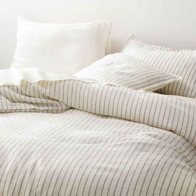 Linen Wide Stripe Warm White Full/Queen Duvet Cover