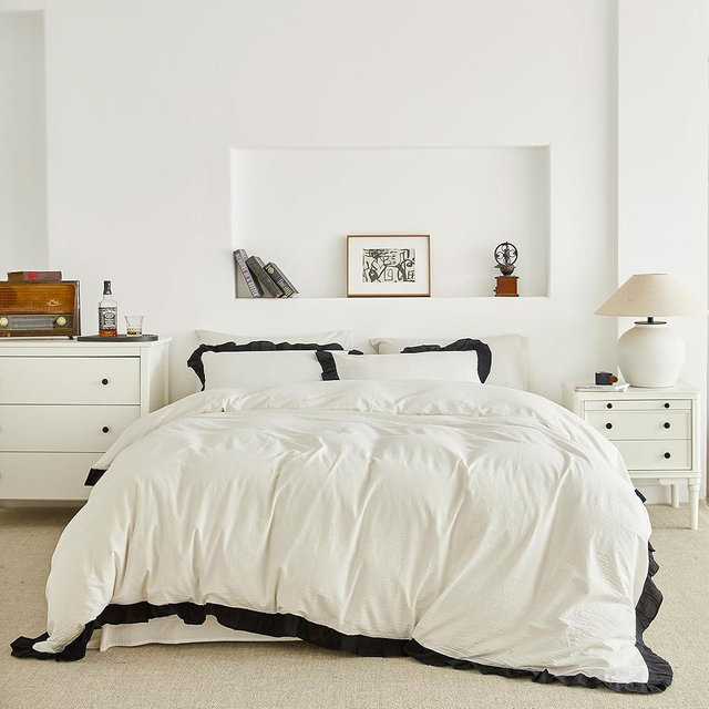 SUSYBAO Black Ruffle Duvet Cover King 100% Washed Cotton Cute White Lace Duvet Cover 3 Pieces Set 1 Farmhouse Shabby Chic Duvet Cover with Zipper Ties 2 Pillow Shams Soft Ruffled Bedding Set